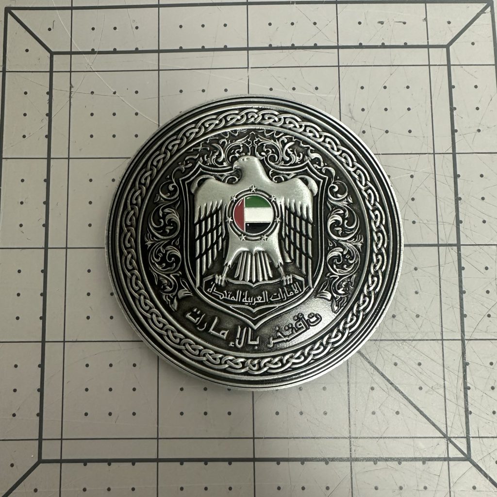 Reverse of a custom antique silver challenge coin